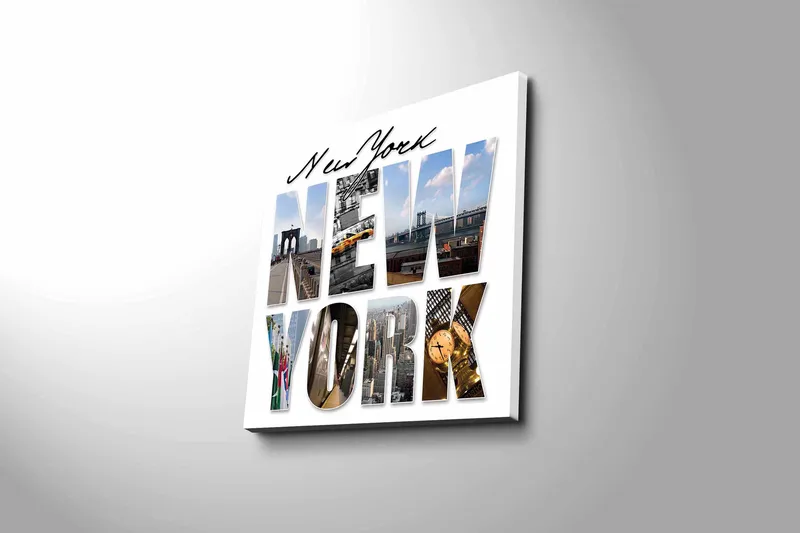 Lerretsbilde 45x45 cm - Storslått kollasj av New Yorks ikoniske landemerker - Gul / Blå / Grå - Interiør - Maleri & posters - Lerretsbilder
