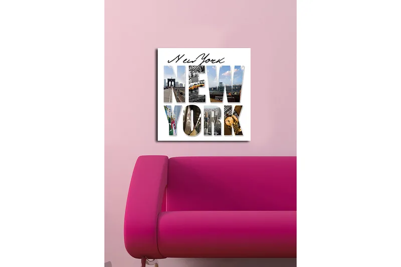 Lerretsbilde 45x45 cm - Storslått kollasj av New Yorks ikoniske landemerker - Gul / Blå / Grå - Interiør - Maleri & posters - Lerretsbilder
