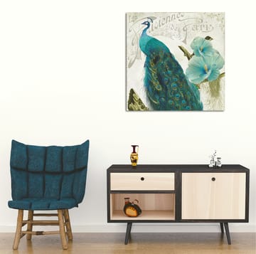 Lerretsbilde 45x45 cm - Storslått påfugl med detaljerte fjær og blomster i bakgrunnen - Turkis / Grønn / Hvit - Interiør - Maleri & posters - Lerretsbilder
