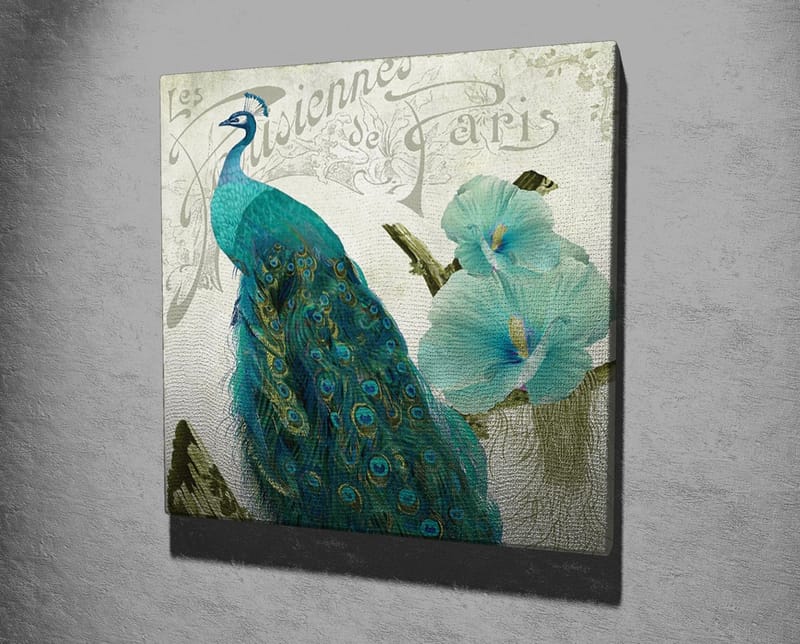 Lerretsbilde 45x45 cm - Storslått påfugl med detaljerte fjær og blomster i bakgrunnen - Turkis / Grønn / Hvit - Interiør - Maleri & posters - Lerretsbilder