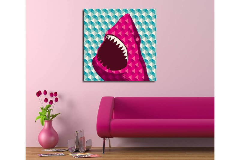 Lerretsbilde 45x45 cm - Stort, åpent haihode i fargerik stil - Rosa / Turkis / Hvit - Interiør - Maleri & posters - Lerretsbilder