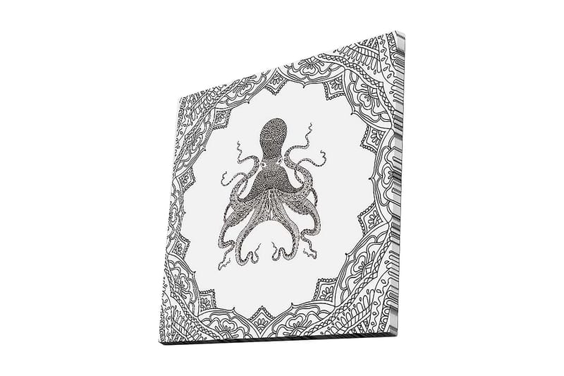Lerretsbilde 45x45 cm - Svart blekktegning av en blekksprut omgitt av intrikate mønstre, Svart / Hvit