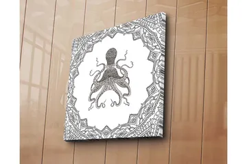 Lerretsbilde 45x45 cm - Svart blekktegning av en blekksprut omgitt av intrikate mønstre - Svart / Hvit - Interiør - Maleri & posters - Lerretsbilder