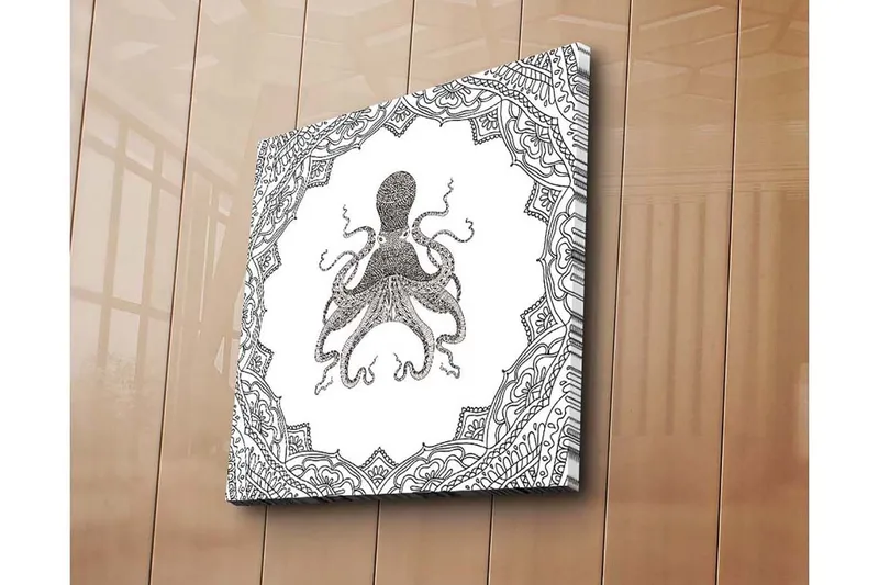 Lerretsbilde 45x45 cm - Svart blekktegning av en blekksprut omgitt av intrikate mønstre - Svart / Hvit - Interiør - Maleri & posters - Lerretsbilder