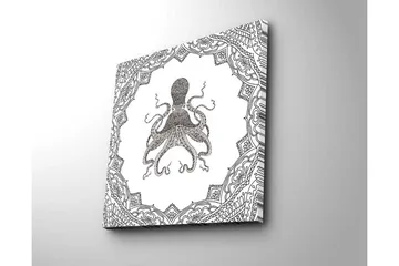 Lerretsbilde 45x45 cm - Svart blekktegning av en blekksprut omgitt av intrikate mønstre - Svart / Hvit - Interiør - Maleri & posters - Lerretsbilder