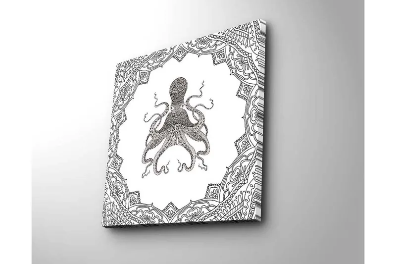 Lerretsbilde 45x45 cm - Svart blekktegning av en blekksprut omgitt av intrikate mønstre - Svart / Hvit - Interiør - Maleri & posters - Lerretsbilder