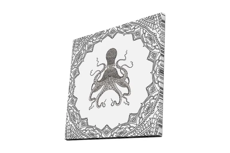 Lerretsbilde 45x45 cm - Svart blekktegning av en blekksprut omgitt av intrikate mønstre, Svart / Hvit