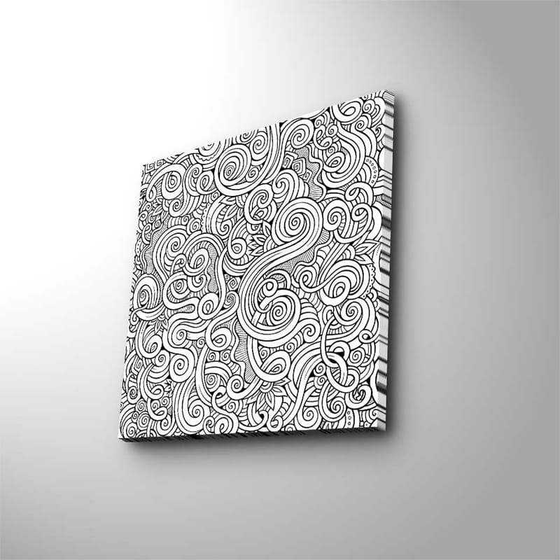 Lerretsbilde 45x45 cm - Svart-hvitt mønster med buede linjer og spiraler, Svart / Hvit