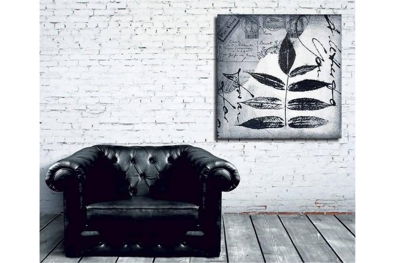 Lerretsbilde 45x45 cm - Svart silhuett av blader mot grå bakgrunn med håndskrevet tekst og poststempler - Svart / Grå - Interiør - Maleri & posters - Lerretsbilder