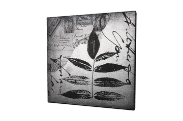 Lerretsbilde 45x45 cm - Svart silhuett av blader mot grå bakgrunn med håndskrevet tekst og poststempler - Svart / Grå - Interiør - Maleri & posters - Lerretsbilder