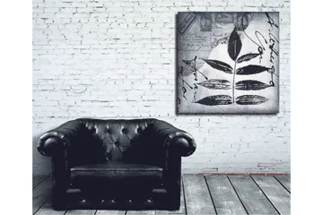 Lerretsbilde 45x45 cm - Svart silhuett av blader mot grå bakgrunn med håndskrevet tekst og poststempler - Svart / Grå - Interiør - Maleri & posters - Lerretsbilder