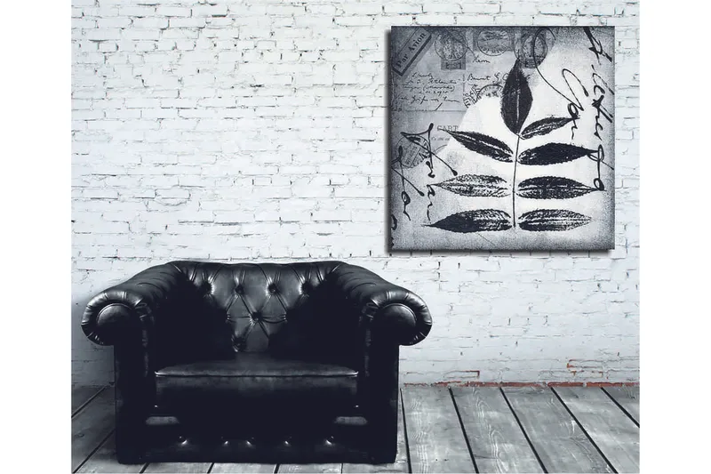 Lerretsbilde 45x45 cm - Svart silhuett av blader mot grå bakgrunn med håndskrevet tekst og poststempler - Svart / Grå - Interiør - Maleri & posters - Lerretsbilder