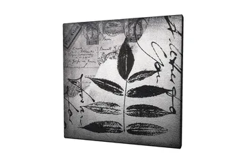Lerretsbilde 45x45 cm - Svart silhuett av blader mot grå bakgrunn med håndskrevet tekst og poststempler - Svart / Grå - Interiør - Maleri & posters - Lerretsbilder