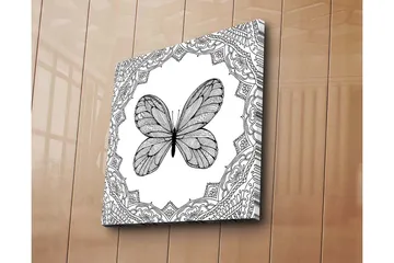 Lerretsbilde 45x45 cm - Svart sommerfugl med detaljert mønsterramme - Svart / Hvit - Interiør - Maleri & posters - Lerretsbilder