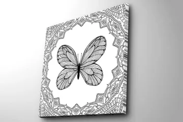 Lerretsbilde 45x45 cm - Svart sommerfugl med detaljert mønsterramme - Svart / Hvit - Interiør - Maleri & posters - Lerretsbilder
