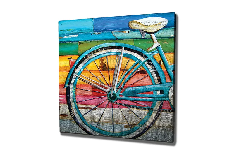 Lerretsbilde 45x45 cm - Sykkelhjul med fargerik bakgrunn - Turkis / Oransje / Rosa - Interiør - Maleri & posters - Lerretsbilder