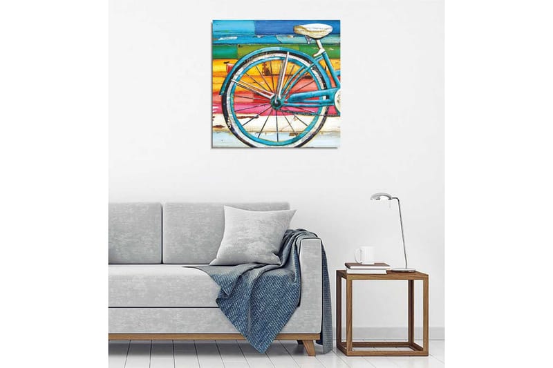Lerretsbilde 45x45 cm - Sykkelhjul med fargerik bakgrunn - Turkis / Oransje / Rosa - Interiør - Maleri & posters - Lerretsbilder