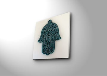 Lerretsbilde 45x45 cm - Symbolsk hånd med øye og intrikate mønstre - Turkis / Hvit - Interiør - Maleri & posters - Lerretsbilder