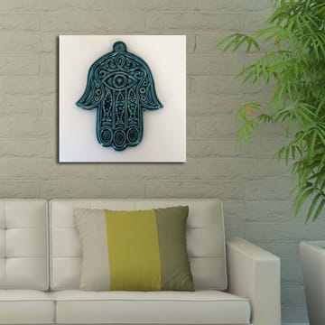 Lerretsbilde 45x45 cm - Symbolsk hånd med øye og intrikate mønstre - Turkis / Hvit - Interiør - Maleri & posters - Lerretsbilder