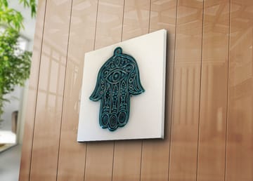 Lerretsbilde 45x45 cm - Symbolsk hånd med øye og intrikate mønstre - Turkis / Hvit - Interiør - Maleri & posters - Lerretsbilder