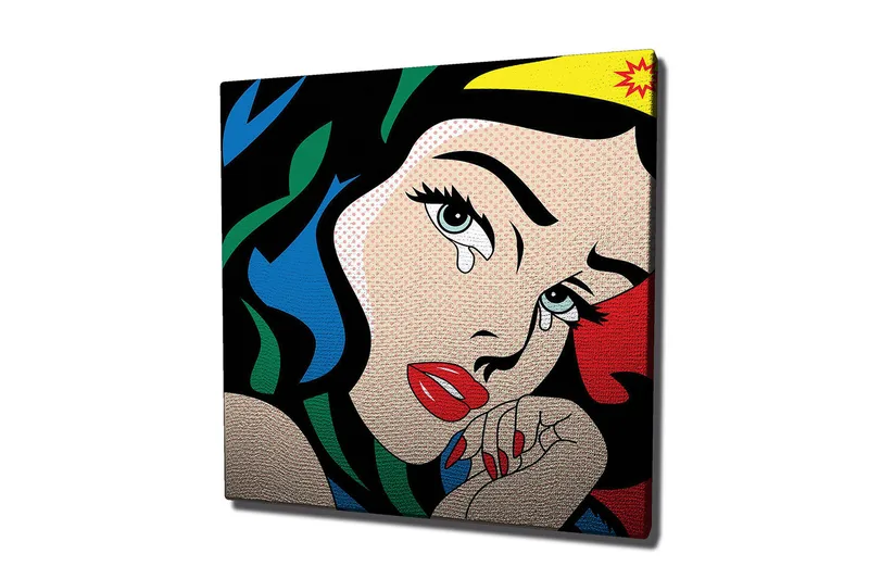 Lerretsbilde 45x45 cm - Tårevåt kvinne med sterke farger og dramatisk uttrykk - Rød / Blå / Grønn - Interiør - Maleri & posters - Lerretsbilder