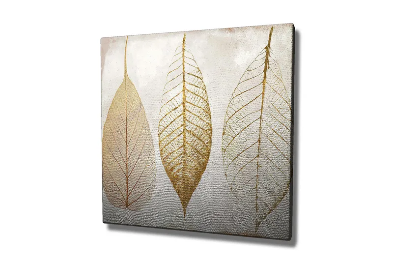 Lerretsbilde 45x45 cm - Tørkede blader i gulltoner, Gull / Beige / Hvit