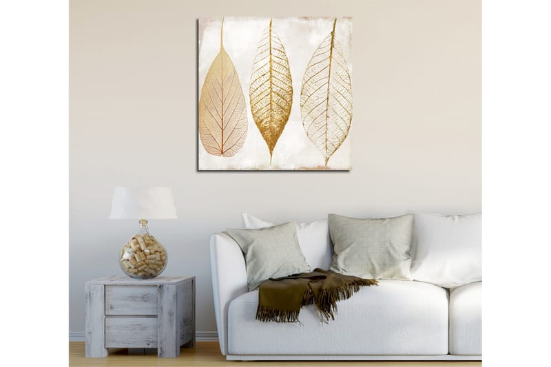 Lerretsbilde 45x45 cm - Tørkede blader i gulltoner - Gull / Beige / Hvit - Interiør - Maleri & posters - Lerretsbilder