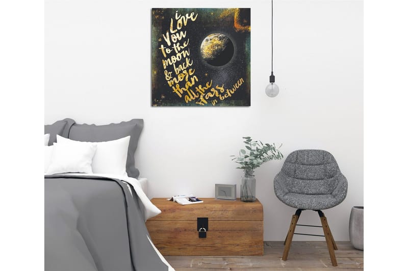 Lerretsbilde 45x45 cm - Tekst med en kjærlighetshilsen og en globus i verdensrommet - Gull / Svart / Blå - Interiør - Maleri & posters - Lerretsbilder