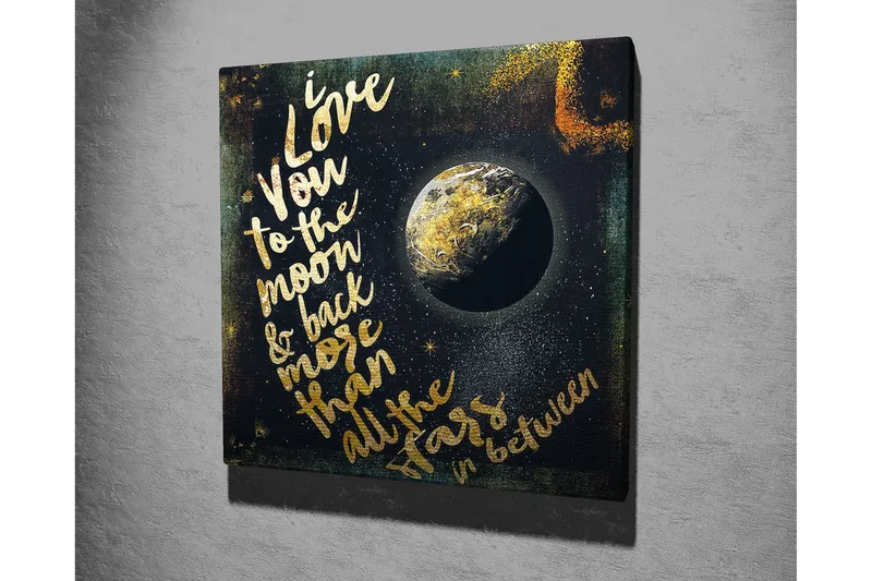 Lerretsbilde 45x45 cm - Tekst med en kjærlighetshilsen og en globus i verdensrommet - Gull / Svart / Blå - Interiør - Maleri & posters - Lerretsbilder