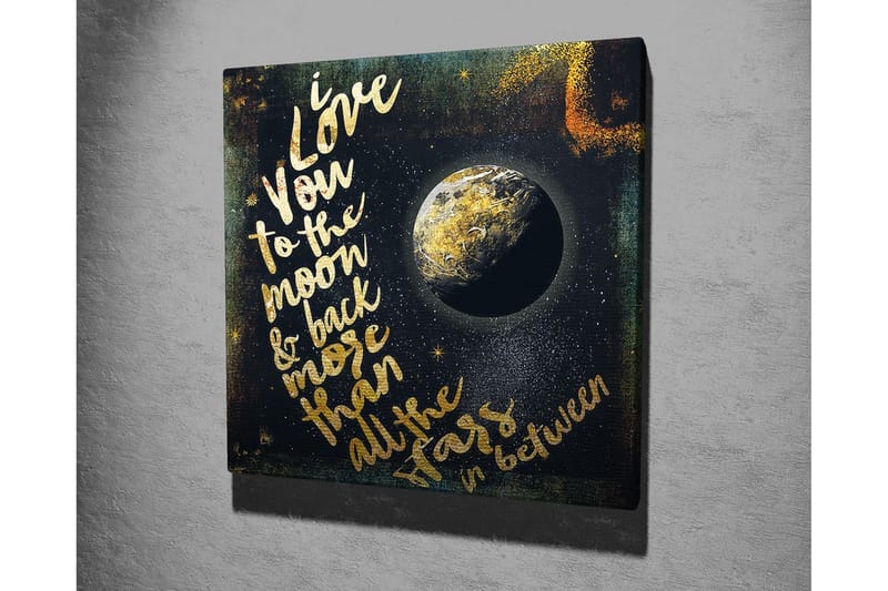 Lerretsbilde 45x45 cm - Tekst med en kjærlighetshilsen og en globus i verdensrommet - Gull / Svart / Blå - Interiør - Maleri & posters - Lerretsbilder