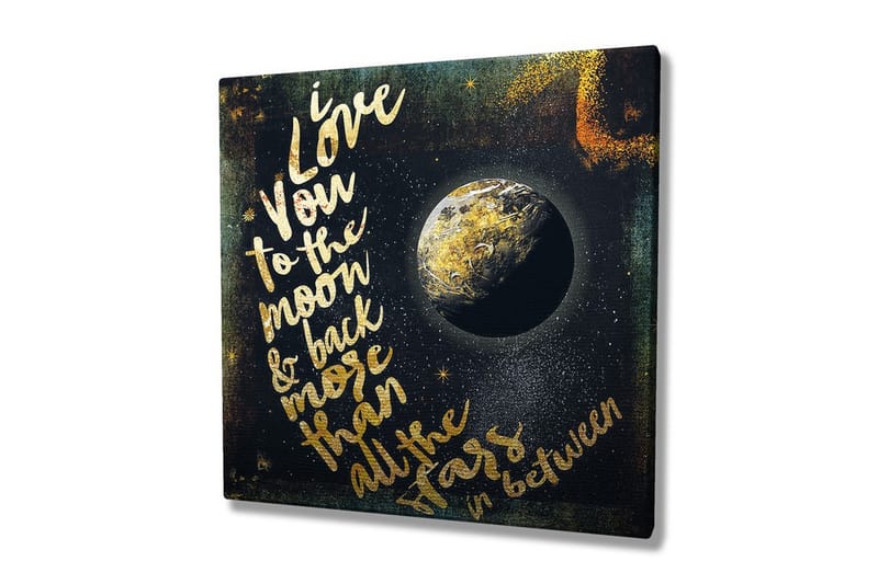 Lerretsbilde 45x45 cm - Tekst med en kjærlighetshilsen og en globus i verdensrommet - Gull / Svart / Blå - Interiør - Maleri & posters - Lerretsbilder