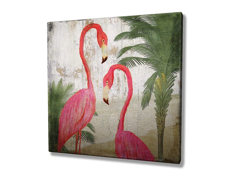 Lerretsbilde 45x45 cm - To elegante flamingoer omgitt av palmer - Rosa / Grønn / Beige - Interiør - Maleri & posters - Lerretsbilder