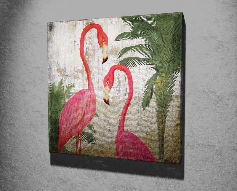 Lerretsbilde 45x45 cm - To elegante flamingoer omgitt av palmer - Rosa / Grønn / Beige - Interiør - Maleri & posters - Lerretsbilder
