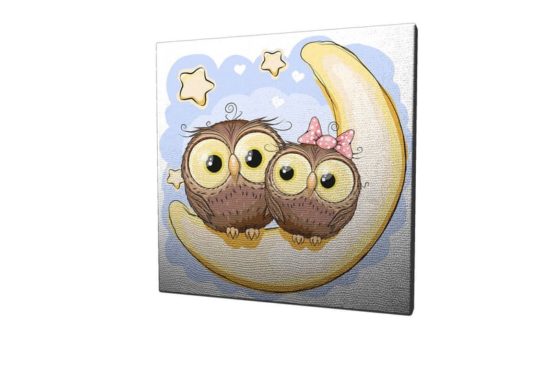 Lerretsbilde 45x45 cm - To søte ugler som sitter på en halvmåne med stjerner i bakgrunnen - Brun / Gul / Lys blå - Interiør - Maleri & posters - Lerretsbilder