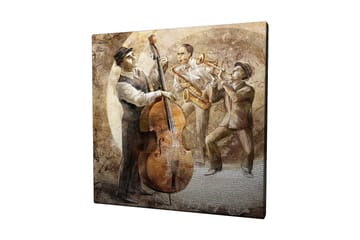 Lerretsbilde 45x45 cm - Tre musikere som spiller jazz med kontrabass, saksofon og trompet - Brun / Beige / Grå - Interiør - Maleri & posters - Lerretsbilder
