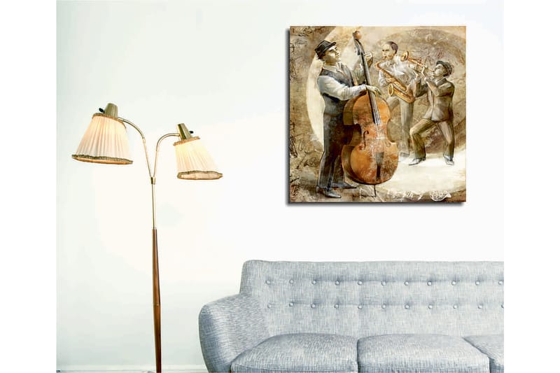 Lerretsbilde 45x45 cm - Tre musikere som spiller jazz med kontrabass, saksofon og trompet - Brun / Beige / Grå - Interiør - Maleri & posters - Lerretsbilder