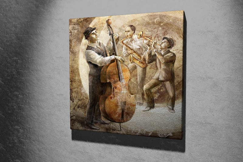 Lerretsbilde 45x45 cm - Tre musikere som spiller jazz med kontrabass, saksofon og trompet - Brun / Beige / Grå - Interiør - Maleri & posters - Lerretsbilder