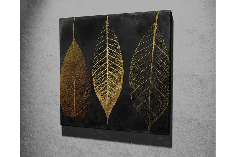 Lerretsbilde 45x45 cm - Tre stiliserte blader i gull mot svart bakgrunn - Gull / Svart - Interiør - Maleri & posters - Lerretsbilder