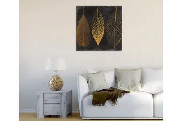 Lerretsbilde 45x45 cm - Tre stiliserte blader i gull mot svart bakgrunn - Gull / Svart - Interiør - Maleri & posters - Lerretsbilder