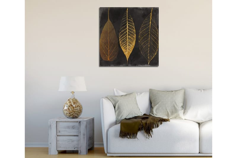 Lerretsbilde 45x45 cm - Tre stiliserte blader i gull mot svart bakgrunn - Gull / Svart - Interiør - Maleri & posters - Lerretsbilder
