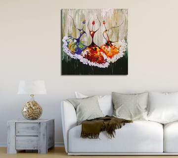 Lerretsbilde 45x45 cm - Tre stiliserte dansere i fargerike kjoler - Rød / Blå / Oransje - Interiør - Maleri & posters - Lerretsbilder
