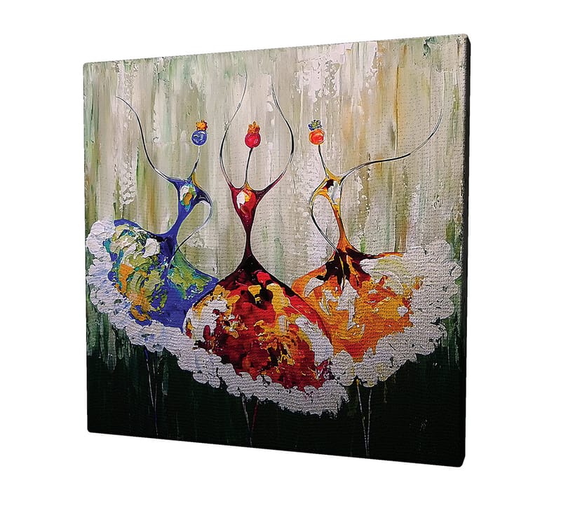 Lerretsbilde 45x45 cm - Tre stiliserte dansere i fargerike kjoler, Rød / Blå / Oransje