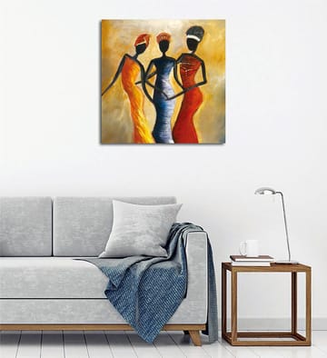 Lerretsbilde 45x45 cm - Tre stiliserte kvinner i fargerike kjoler - Rød / Gul / Svart - Interiør - Maleri & posters - Lerretsbilder