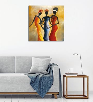 Lerretsbilde 45x45 cm - Tre stiliserte kvinner i fargerike kjoler - Rød / Gul / Svart - Interiør - Maleri & posters - Lerretsbilder