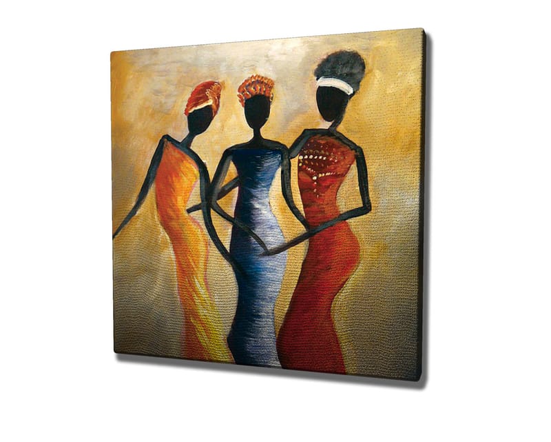 Lerretsbilde 45x45 cm - Tre stiliserte kvinner i fargerike kjoler - Rød / Gul / Svart - Interiør - Maleri & posters - Lerretsbilder