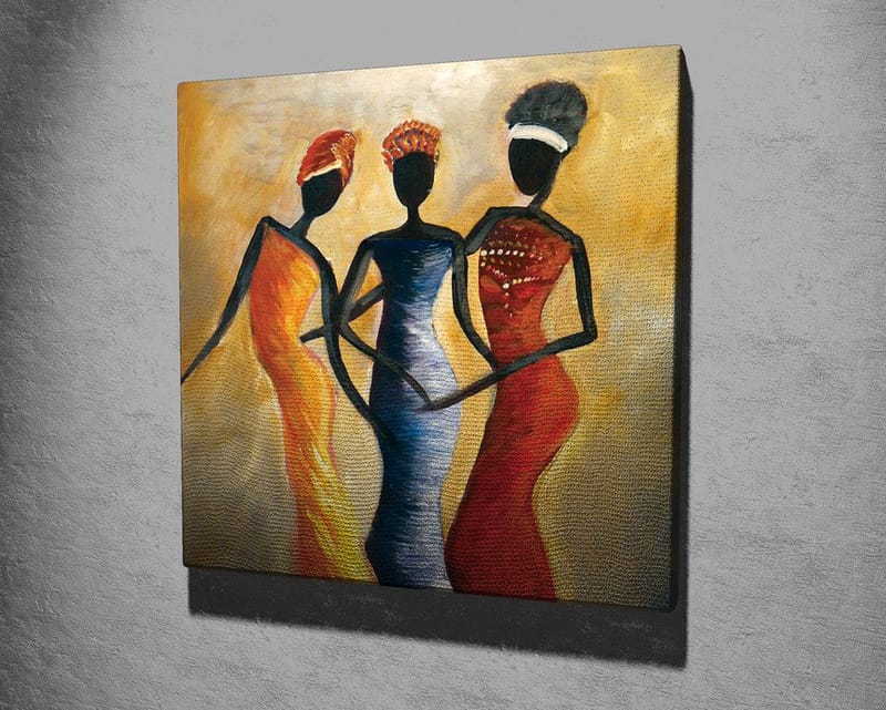 Lerretsbilde 45x45 cm - Tre stiliserte kvinner i fargerike kjoler - Rød / Gul / Svart - Interiør - Maleri & posters - Lerretsbilder