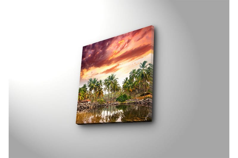 Lerretsbilde 45x45 cm - Tropisk landskap med palmer ved en speilblank innsjø i solnedgangens lys - Grønn / Oransje / Lilla - Interiør - Maleri & posters - Lerretsbilder