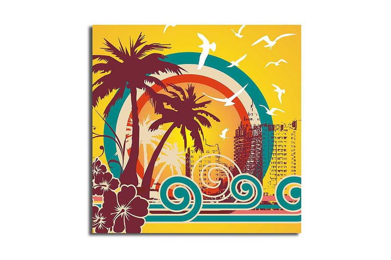 Lerretsbilde 45x45 cm - Tropisk strandscene med palmer og havbølger, Mørk rød / Turkis / Gul