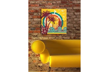 Lerretsbilde 45x45 cm - Tropisk strandscene med palmer og havbølger - Mørk rød / Turkis / Gul - Interiør - Maleri & posters - Lerretsbilder