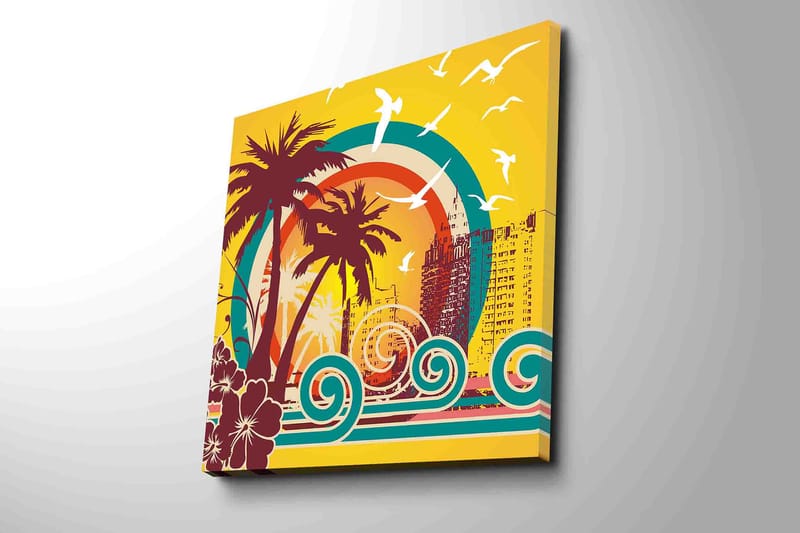 Lerretsbilde 45x45 cm - Tropisk strandscene med palmer og havbølger - Mørk rød / Turkis / Gul - Interiør - Maleri & posters - Lerretsbilder